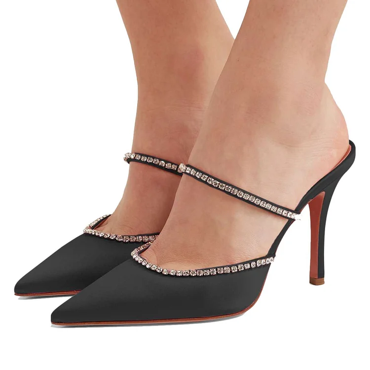 Black Satin Pointy Toe Rhinestone Mule Heels |FSJ Shoes