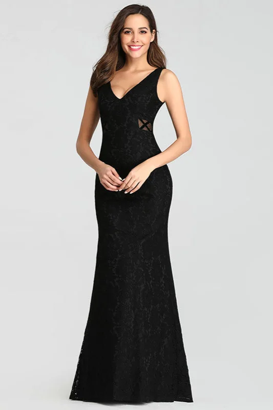 Sexy V-Neck Black Lace Long Mermaid Evening Prom Dress Online