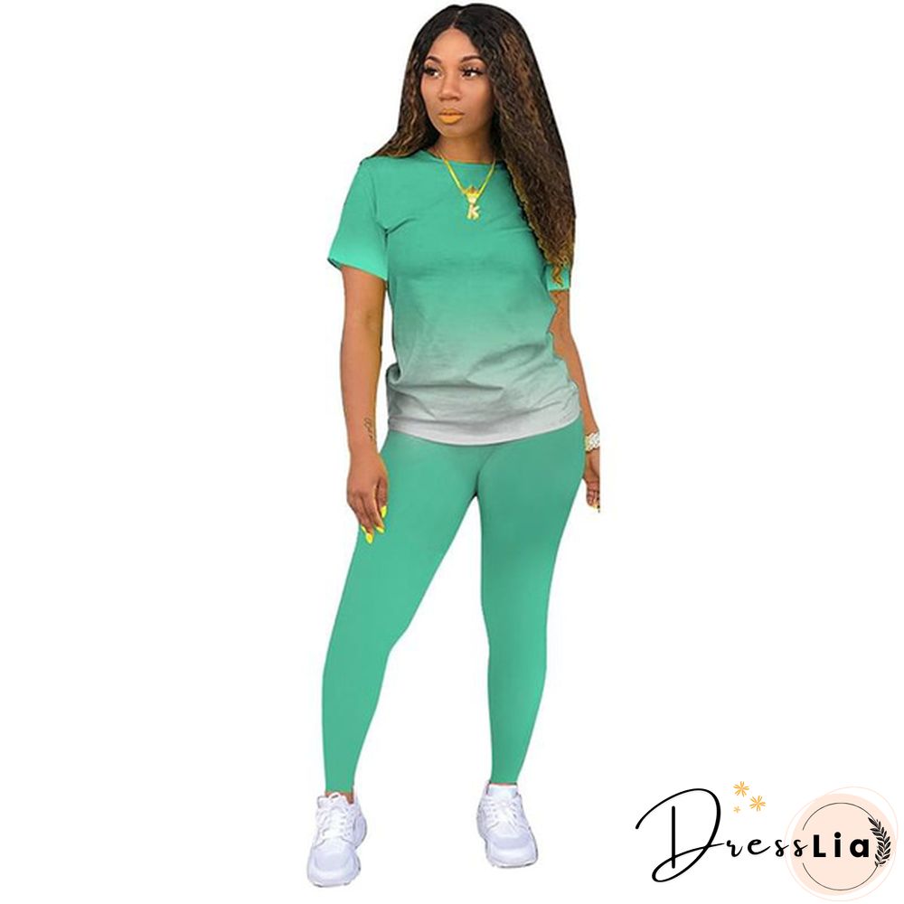New Women's Fashion Gradient Short Sleeve Top and Pants Casual Sportswear Suit Two-piece Suit Plus Size