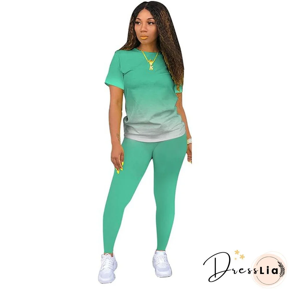 New Women's Fashion Gradient Short Sleeve Top and Pants Casual Sportswear Suit Two-piece Suit Plus Size