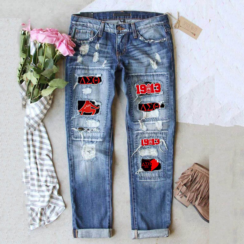 Fashionable Retro Distressed Printed Jeans