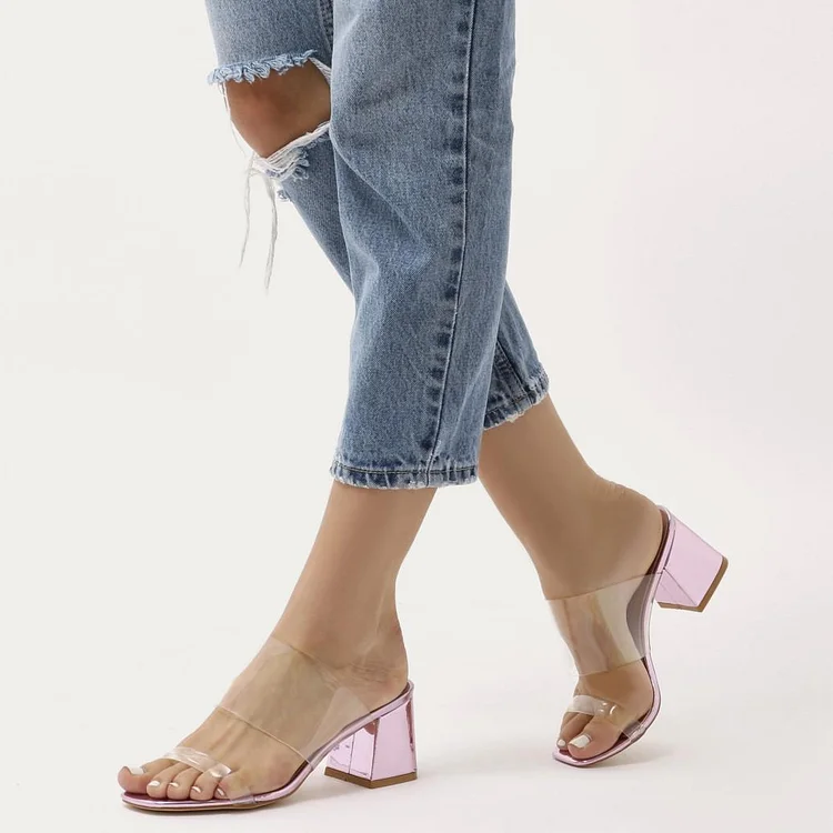 Pink Open Toe Block Heels Transparent Mules Sandals |FSJ Shoes