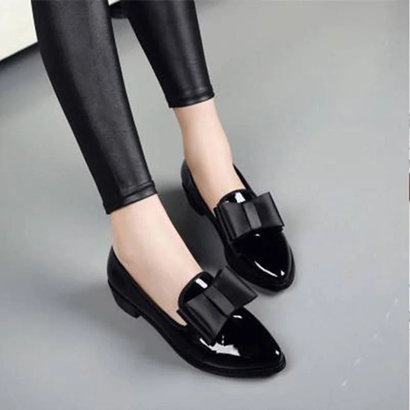 Women Bow Pumps Women's Pointed Toe Low Heels PU Leather Woman Slip On Platform Fashion Ladies Shoes Female Footwear fgh67