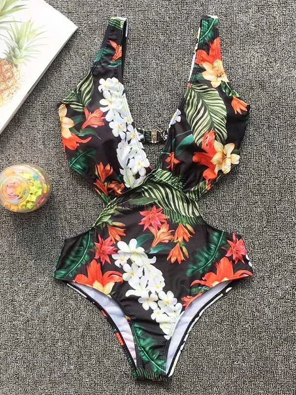 Tropical Floral Printed Cutout One Piece Swimsuit