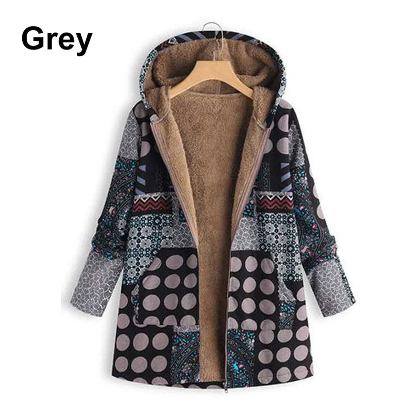 Women's Vintage Ethnic Coats Winter Printed Pockets Hooded Zipper Jackets Full Sleeve Casual Plus Size Plush Parkas Coats