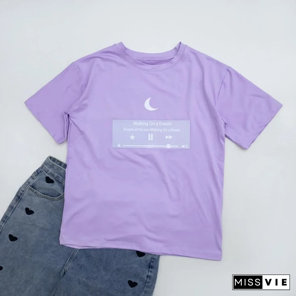 Moon Music Print Round Collar Casual T-Shirt