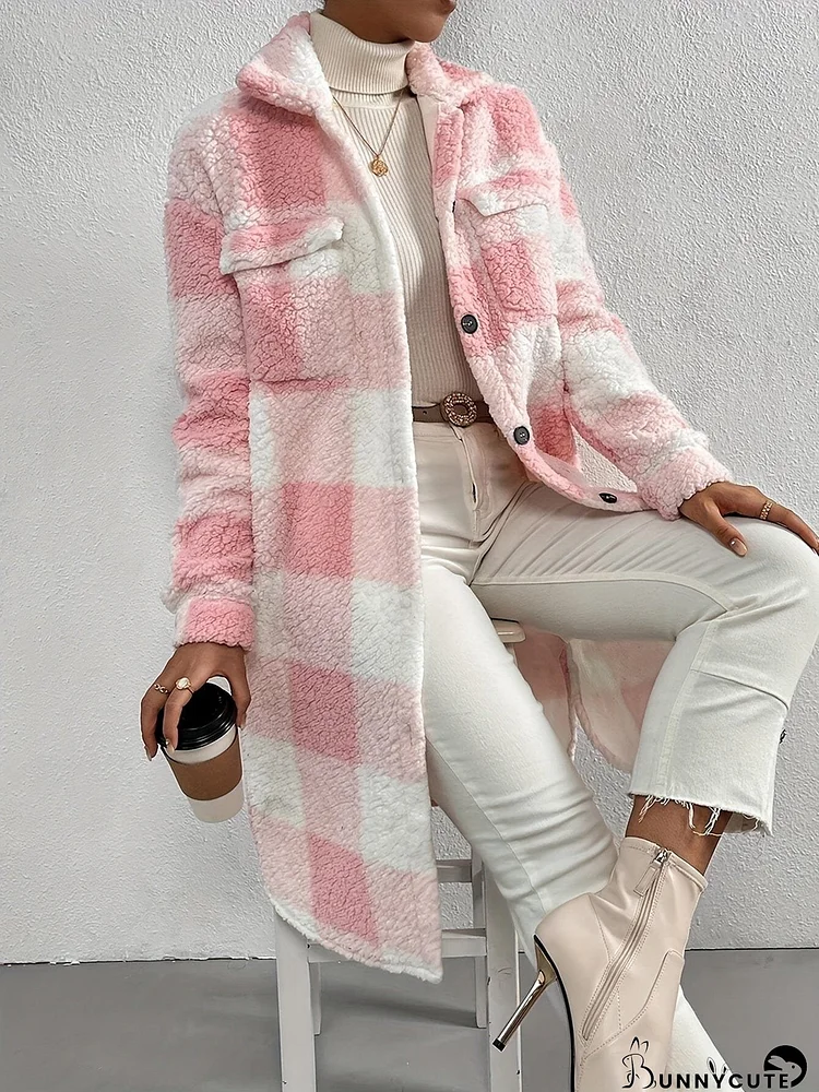Long Sleeve Fuzzy Plaid Button-Down Coat