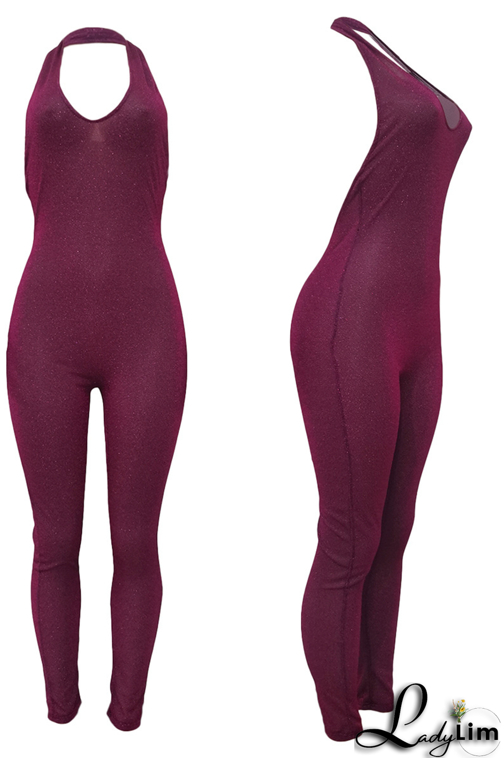 Pink Sexy Solid Patchwork Halter Skinny Jumpsuits