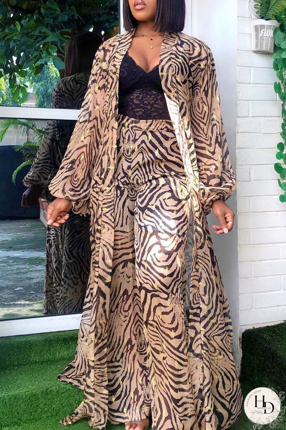 Blue Fashion Casual Print Slit V Neck Long Sleeve Two Pieces