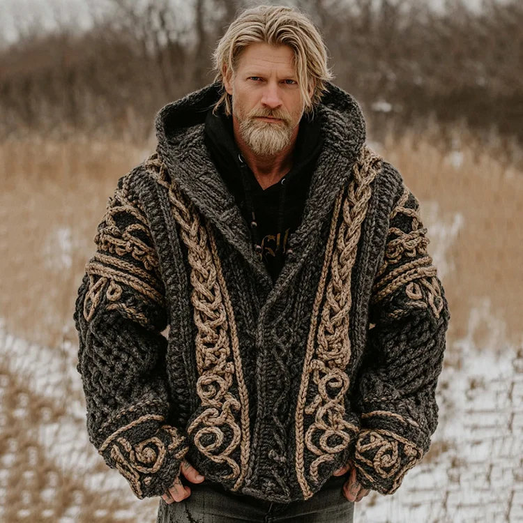Men's Viking Celtic Geometry Pattern Art Knitted Hooded Sweater
