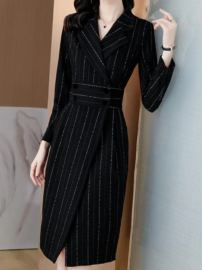 Double-breasted Long-sleeved Knitted Striped Dress