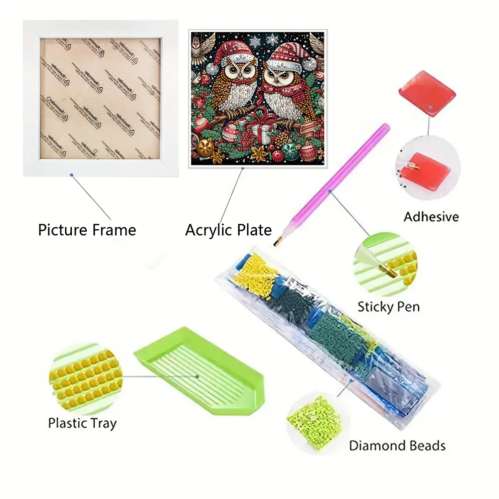 5D DIY Partial Special Shaped Drill Diamond Painting Xmas Owl Home Kit 19.2x19.2cm【With Frame】