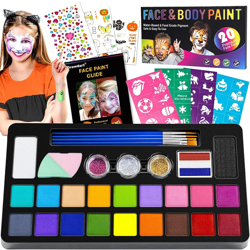 Maydear Face Painting Kit for Kids - 20 Color Water Based Makeup Palette  with Stencils, Glitters, Rainbow