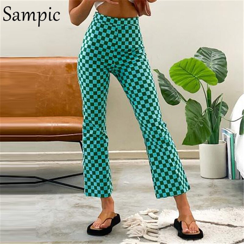 Sampic Vintage Capris Red Women Casual Plaid High Waisted Skinny Y2K Flare Pants Fashion Summer 2021 Korean Style Trouser Pants