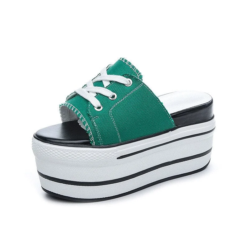 Fujin 9.5cm Super High Platform Flats Wedge Genuine Leather Women Summer Shoes Lace Up Open Toe Slides Slippers Mules Sandals