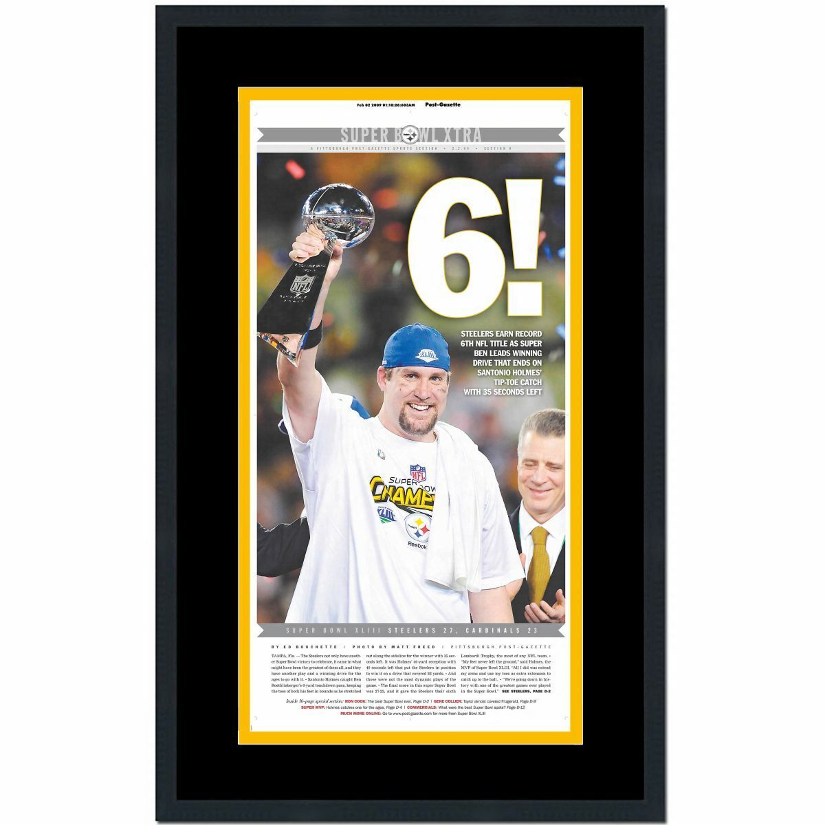 Framed Pittsburgh Post-Gazette Steelers Super Bowl XLIII Newspaper 17x27 Photo Poster painting 2