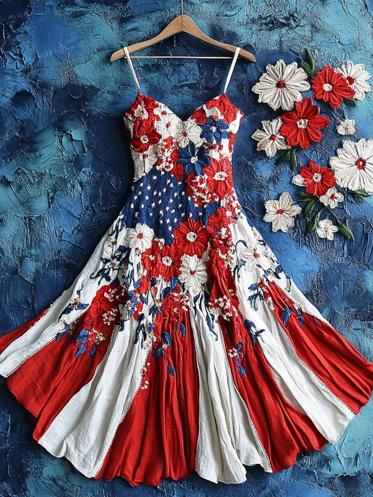 Independence Day Flag Floral Women's Spaghetti Strap Dress