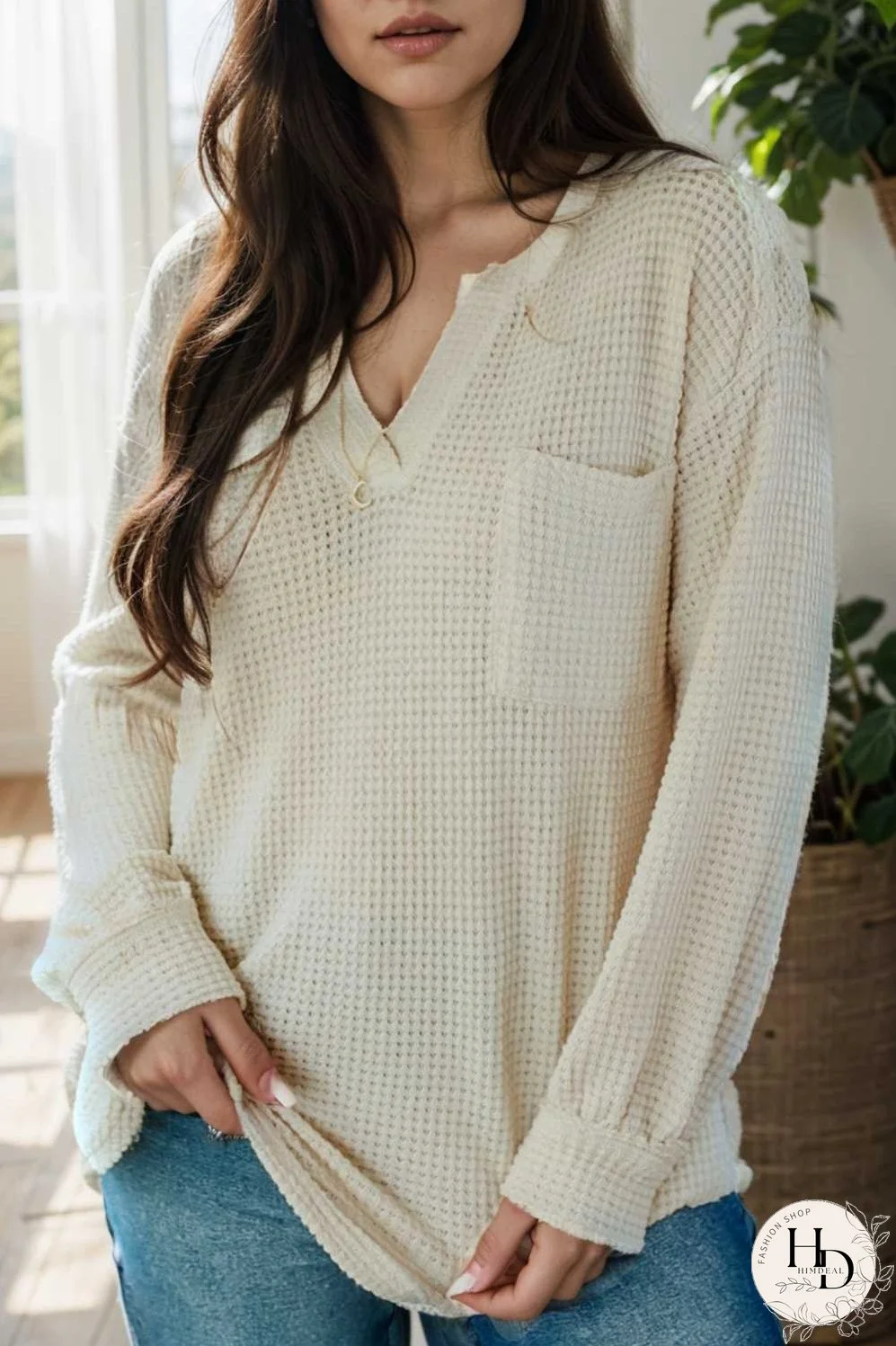 deep v neck long sleeve knitted sweater
