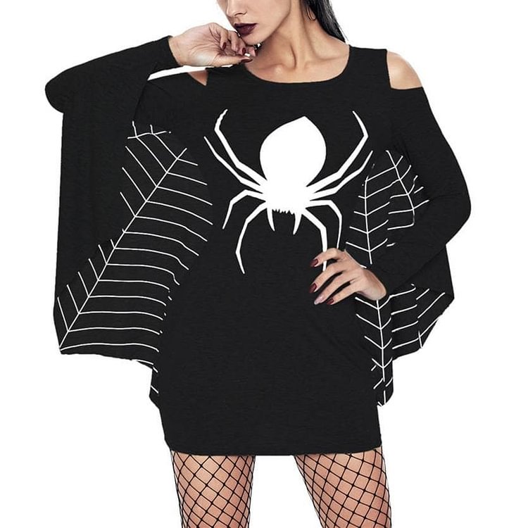 Black/White Spider Off-Shoulder Long Sleeve Shirt SP14228