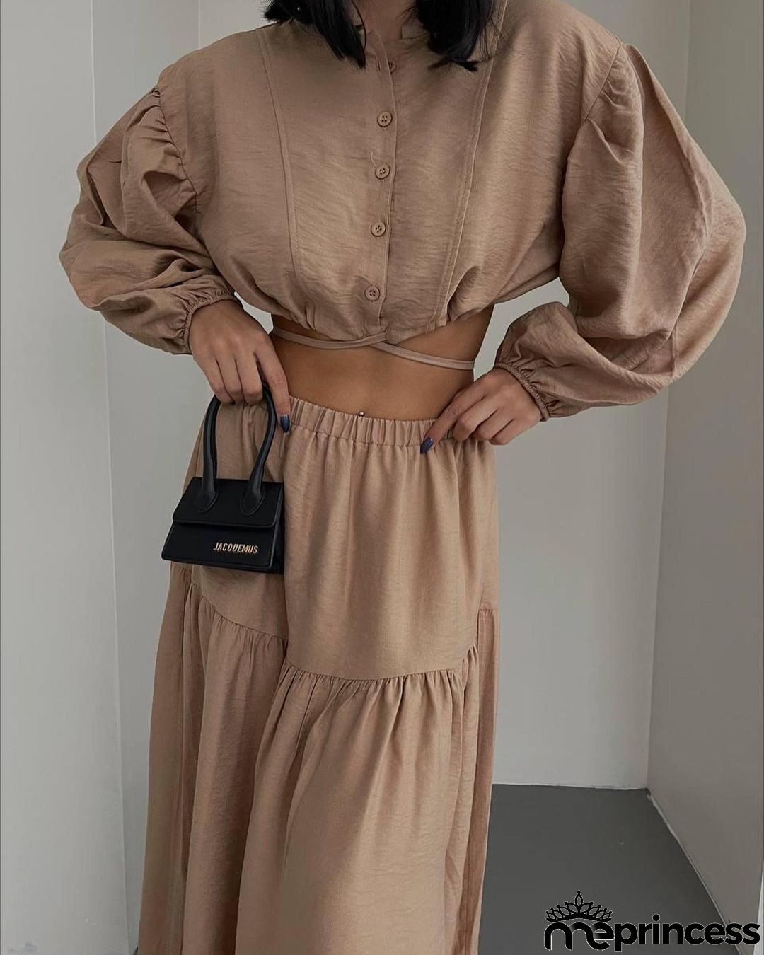 Women Fashion Solid Color Long Sleeve Crop Top Skirt Two-Piece Set