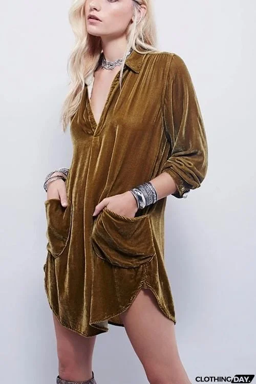 V Neck Pockets Velvet Shirt Dress