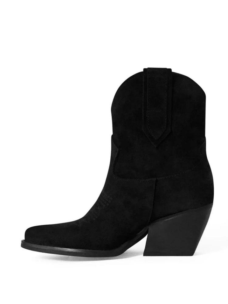Black Cowgirl Ankle Boots Faux Suede Embroidery Slanted Block Heel Cowgirl Booties