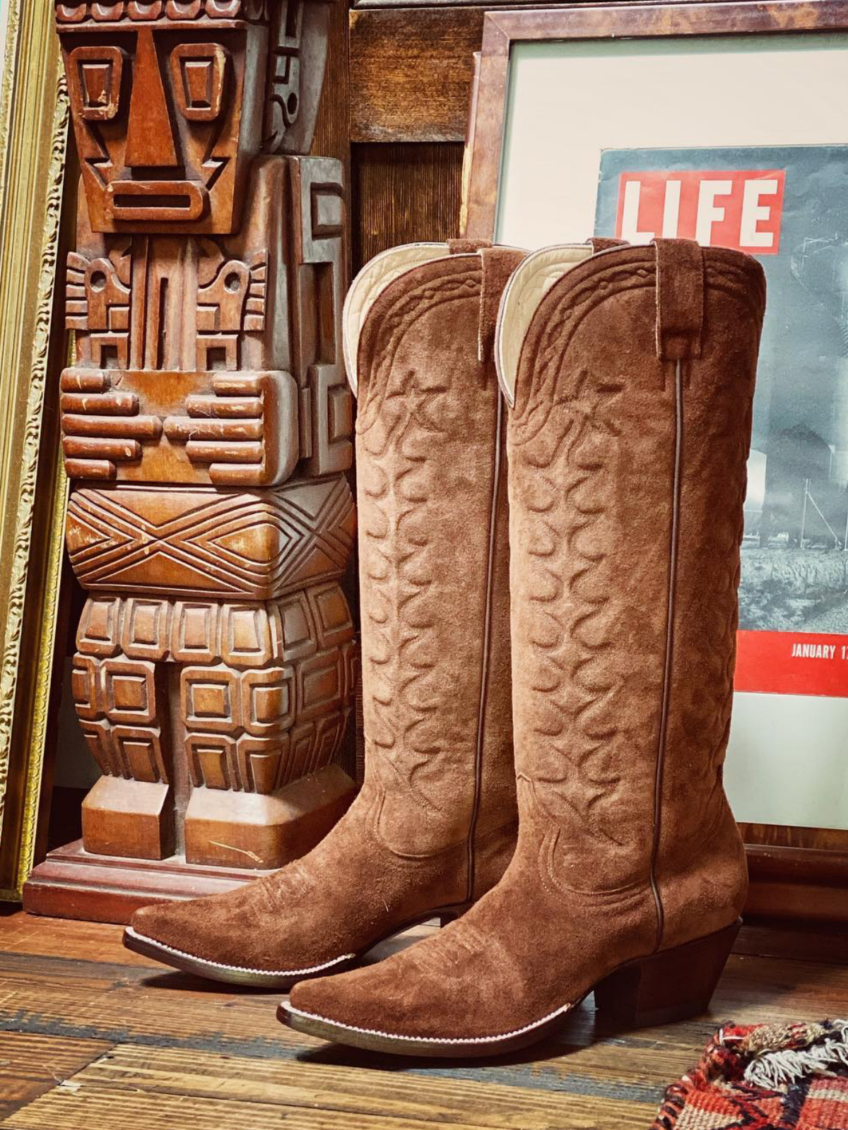 Taafo Brown Faux Suede Padded Embroidery Pointed-Toe Wide Mid Calf Tall Cowgirl Boots