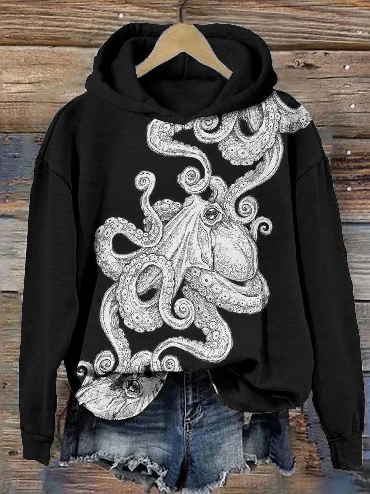 Octopus Contrast Print Hoodie socialshop