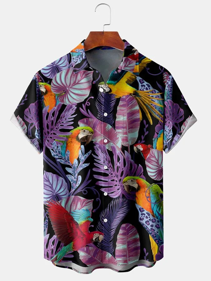 Men's Parrot Tropical Plant Print Casual Breathable Hawaiian Short Sleeve Shirt