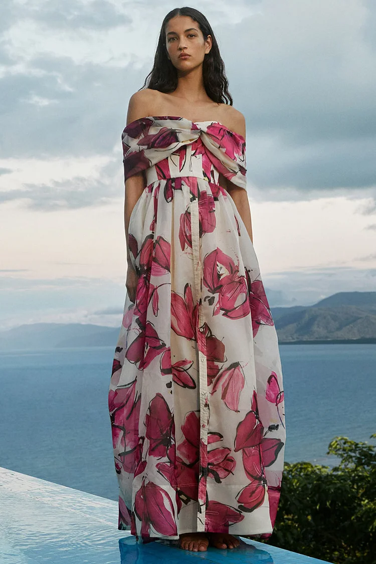 Floral Print Off Shoulder A-Line Pleated Gowns Maxi Dresses [Pre Order]