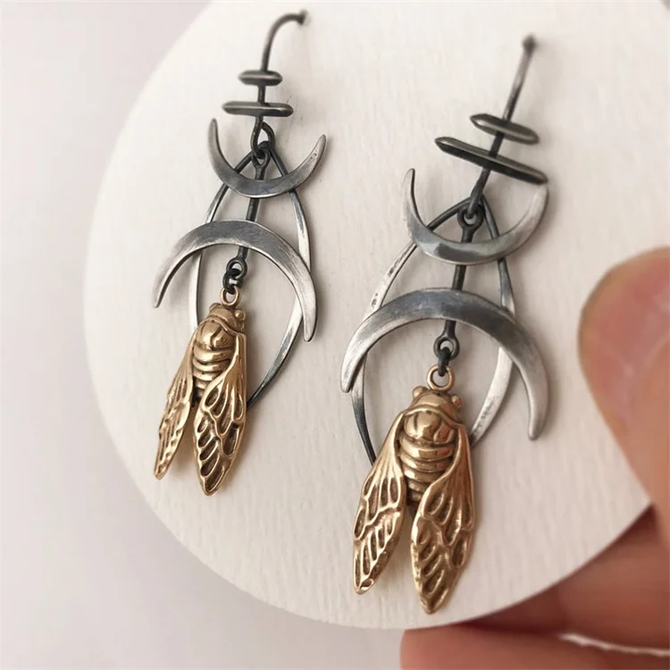 Vintage Double Moon Cicada Bar Earrings