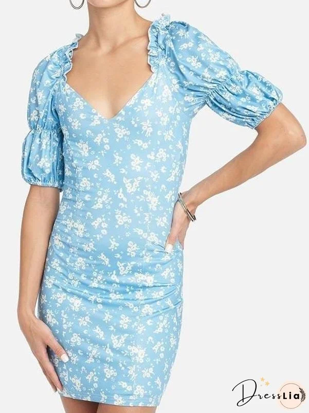 Floral Puff Sleeve Wrap Hem Plunge Neck Dress