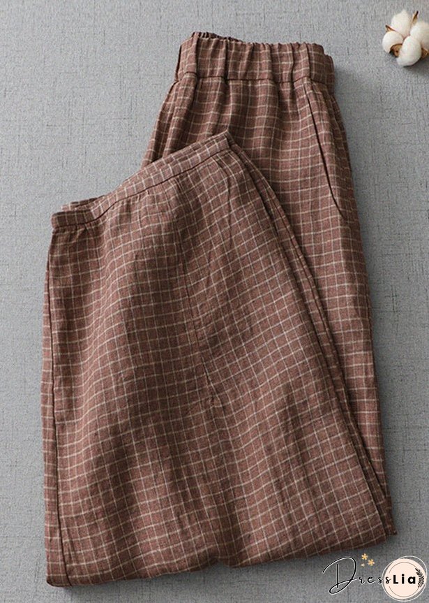Plus Size Plaid Pockets Elastic Waist Linen Crop Pants Summer