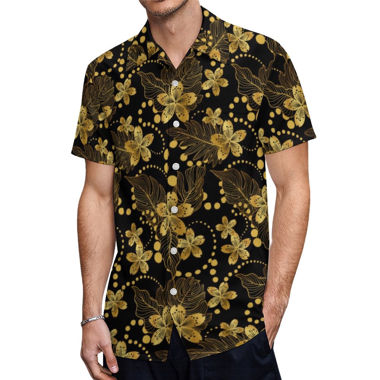 Black And Gold Tropical Leaves Flowers Pattern Hawaiian Shirt Mens Button Down Tropical Hawaii Beach Shirts