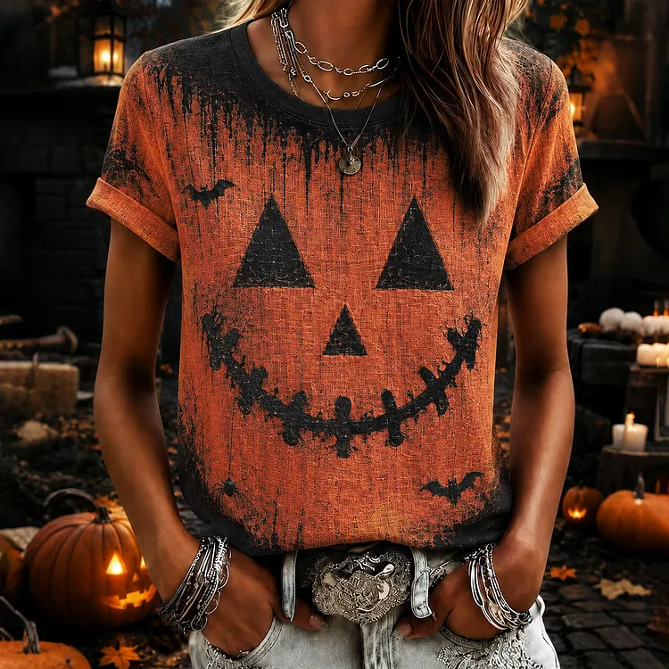 Women's Halloween Pumpkin Face Art Print T-shirt