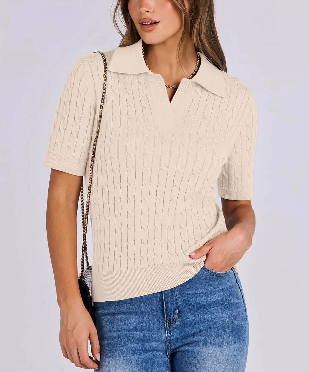 Women's Short Sleeve Polo V Neck Cable Knit Soft Sweater Tops (BUY 2 FREE SHIPPING)