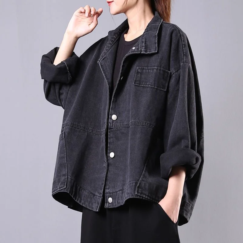 Ueong Ueong Autumn Denim Jacket Female New Korean Version Loose Plus Size Black Casual Style Denim Jacket