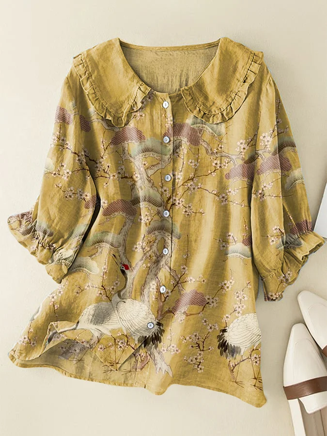 Japanese Flower Crane Peter Pan Ruffle Collar Shirt