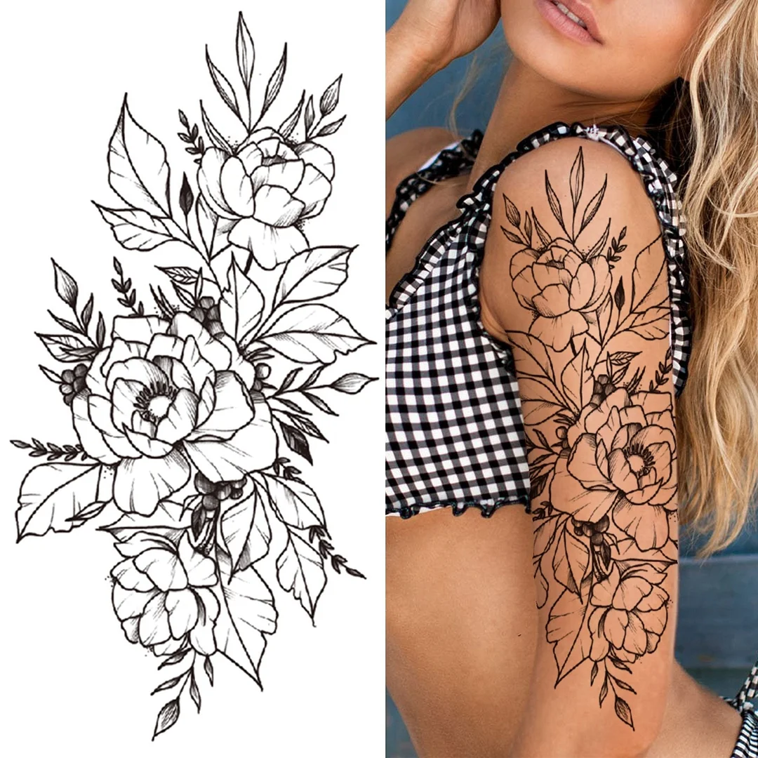 Realistic Fake Peony Temporary Tattoos For Women Girl Black Rose Elephant Flower Tattoo Sticker Tiger Anemone Tatoos Half Sleeve 1113 515-1