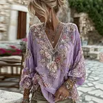 Women's Vintage Pink Floral Embroidered Art V-neck Long Sleeve Blouse - Image 8