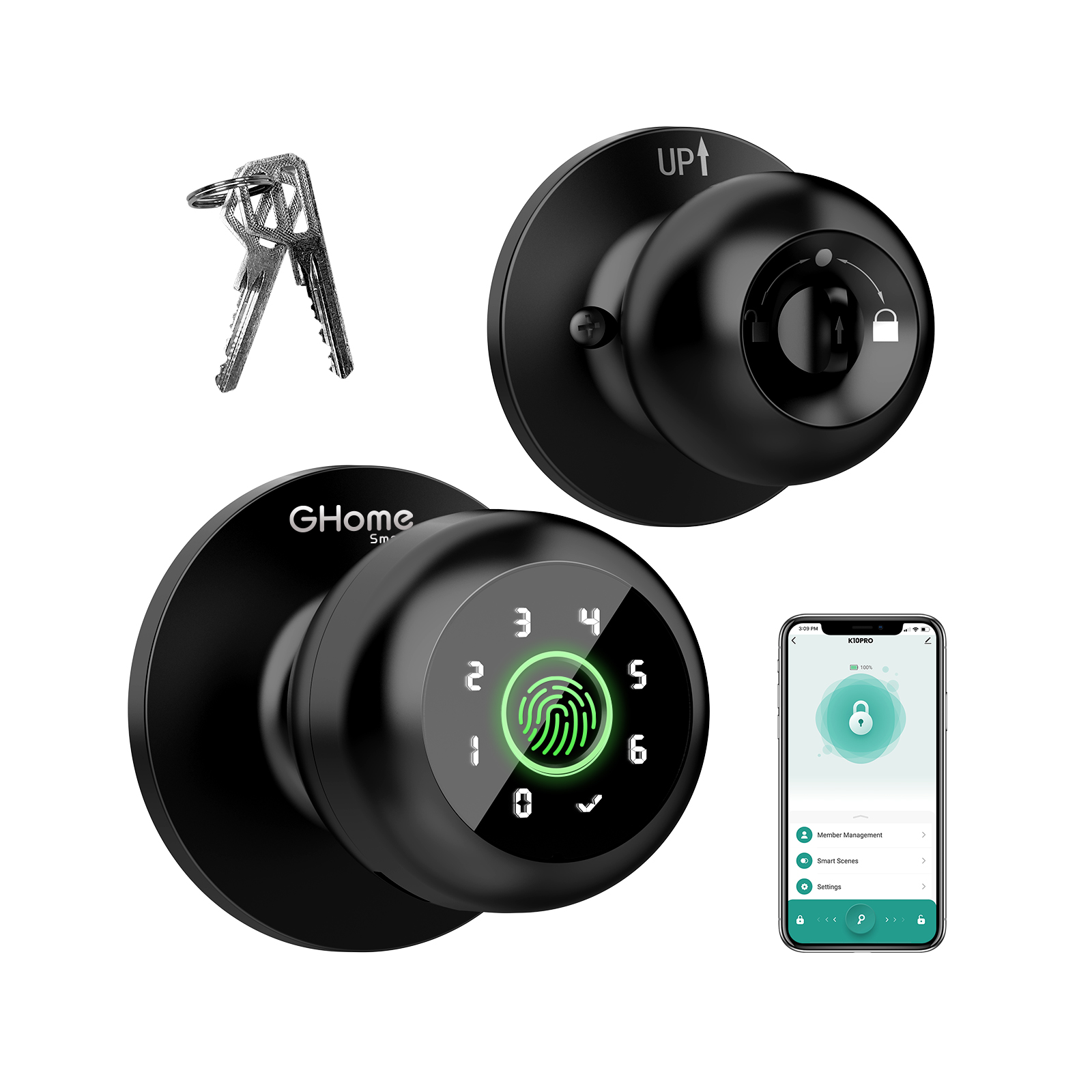 4 in 1 Smart Fingerprint Door Knob with Keypad Smart Door Lock, Biometric Door Knobs & App Control, Keyless Entry Door Lock Great for Home, Bedroom, Apartment Offices and Garages Black K10PRO