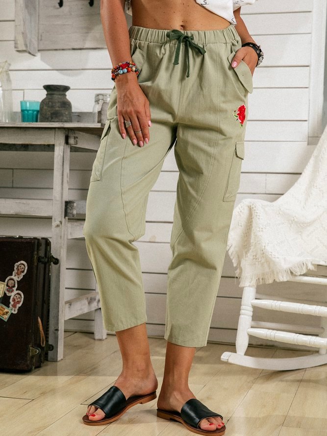 Cotton-Blend Casual Floral-Print Pants