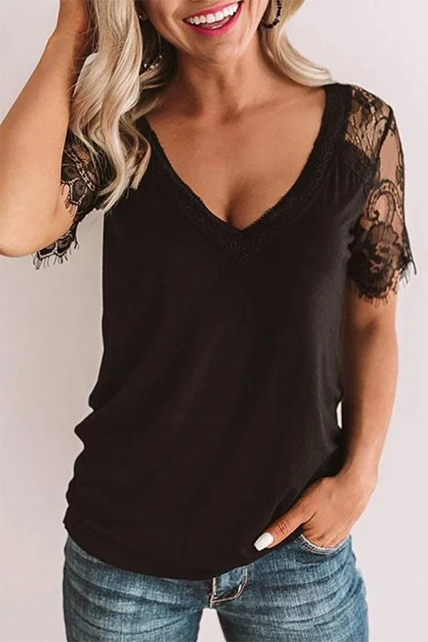 Womens Solid Color Lace Stitching T-shirt-Allyzone-Allyzone