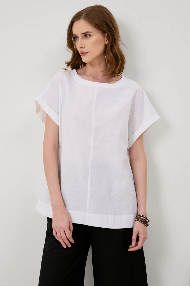 Natural Cotton And Linen Paneled Crew Neck T-Shirt[ Pre Order ]
