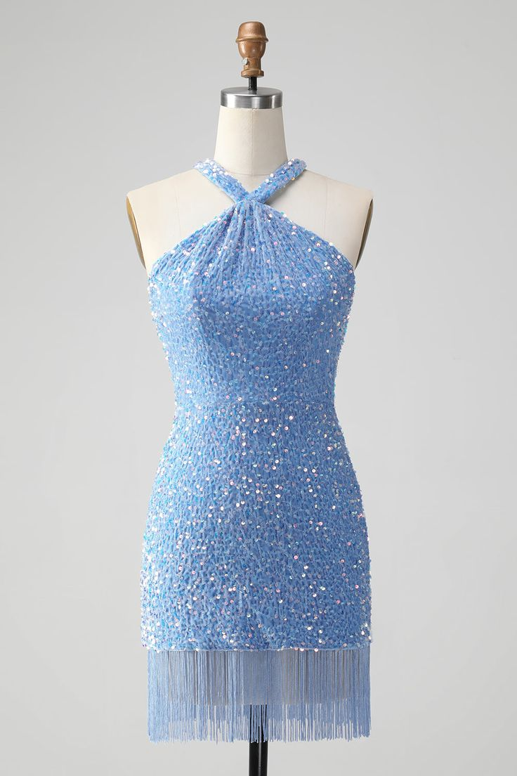 Charming Sky Blue Sequins Halter Sleeveless Slim Homecoming Dress with Tassel