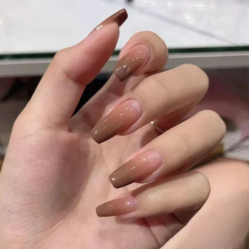 Sweet Summer Women Fake Nails Stickers Long Rose Pink Candy Color Wearable Nail Stickers Full Finished Nails With Glue 24pcs-Nail Inspo