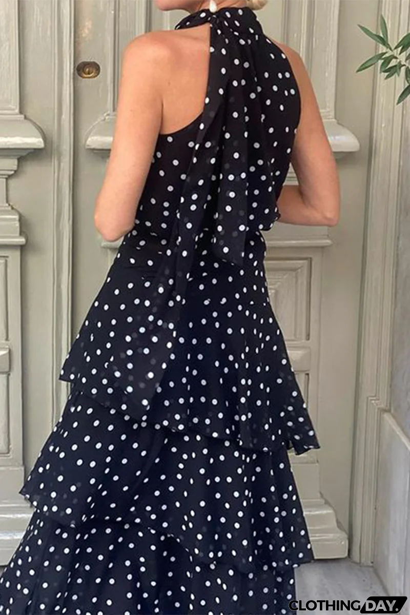 Street Daily Polka Dot Ruffle Zipper Halter Sleeveless Dresses