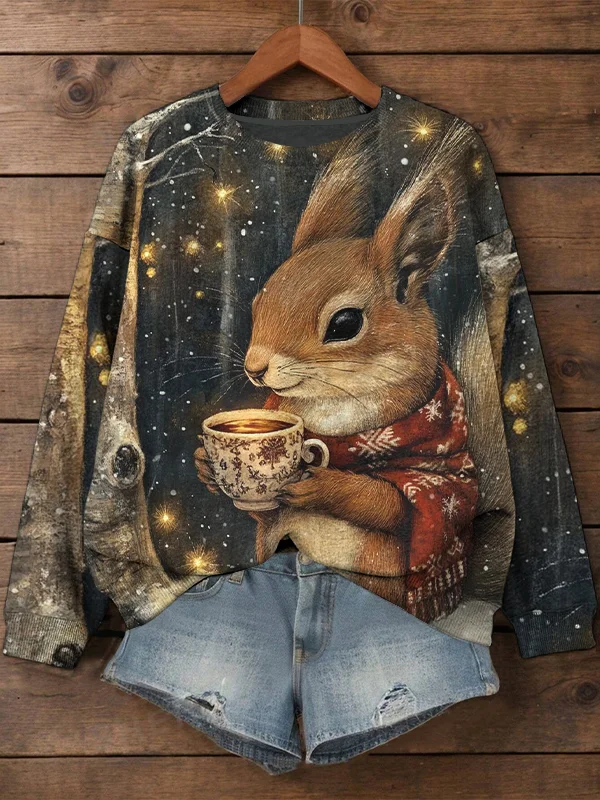 Women's Squirrel Drinking Coffee In The Forest In Winter Art Print Casual Sweatshirt