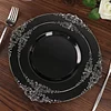 10 Pack | 8" Round Plastic Dessert Salad Plates In Vintage Black, Silver Leaf Embossed Baroque Disposable Plates