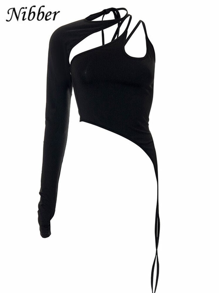 Nibber Women's T-shirt Sexy Cutout Crop Top Asymmetric Long Sleeve Tassel Style на новый год 2022 Streetwear Fashion Female Tops